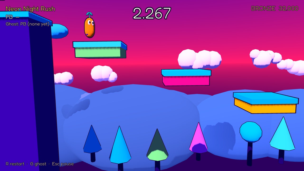 Bean Dash: the bean leaps between floating neon platforms against a pink sunset